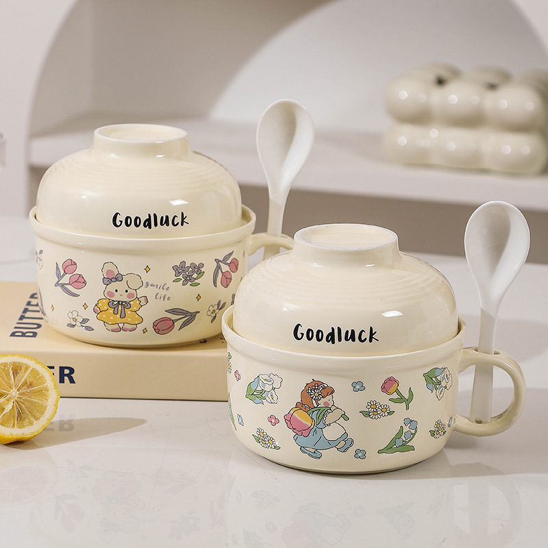 Ceramic Instant Noodle Bowl with Lid, Dormitory Student Instant Noodle Cup with Handle, Cafeteria Rice Bowl, Microwave Oven Personal Bowl