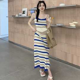 设计感流苏条纹吊带连衣裙女夏季辣妹修身无袖背心包臀t恤长裙子