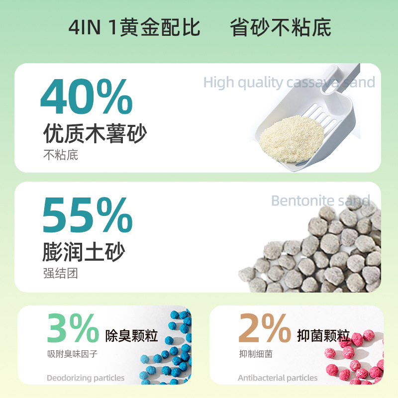 Gato, antibacteriano y desodorizante, mezcla de tapioca, arena para gatos, fondo antiadherente, bentonita, arena para gatos, grupos de polvo bajo, suministros para gatos para mascotas