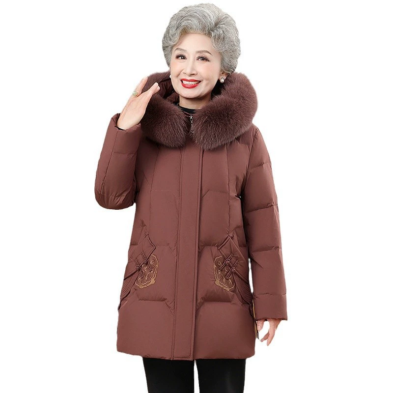 Мама пуховик зимний новый средний длинный с капюшоном шерстяной воротник толстый средний пожилой зимний пальто бабушки