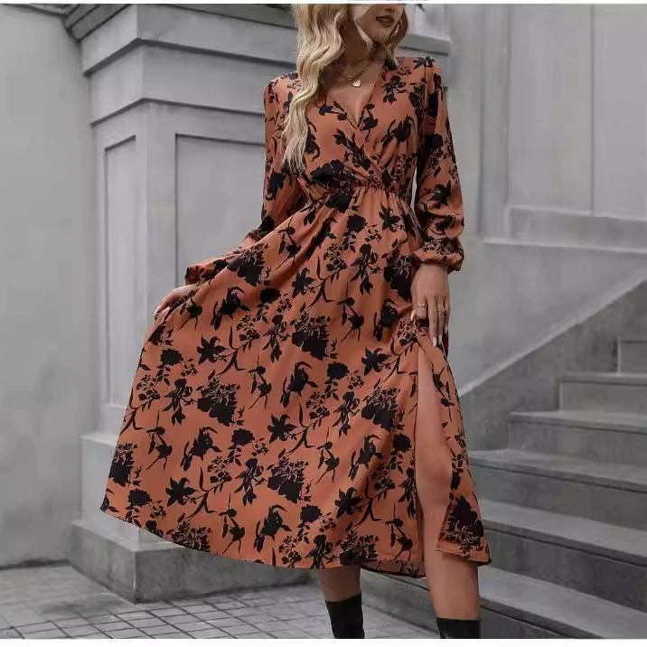 2024 трансграничное европейское и американское весеннее и осеннее элегантное цветочное принт с V-образным вырезом с открытой вилкой модное платье с длинными рукавами