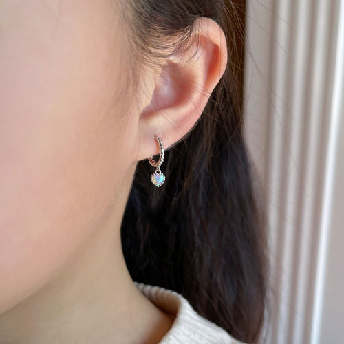 Qianjiatong body S925 sterling silver opal stone love pendant twist ear hoop earrings temperament small earrings ear buckle for women