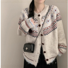 2025年新款秋冬撞色花纹简约减龄显瘦休闲百搭韩版针织毛衣外套女