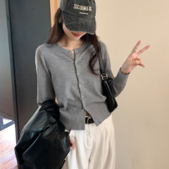 韩系复古针织开衫女单排扣毛衣2025年春季叠穿上衣老钱风灰色外套