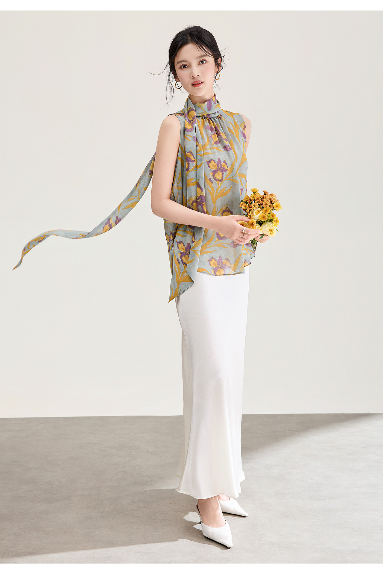 Áo hai dây nữ chất liệu chiffon in hoa, phối dây lụa, phong cách thanh lịch mùa hè — màu xám chi tiết 19