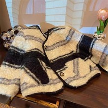 2024韩版女童棉服外套冬季新款小女孩休闲洋气夹棉条纹羊羔毛外套