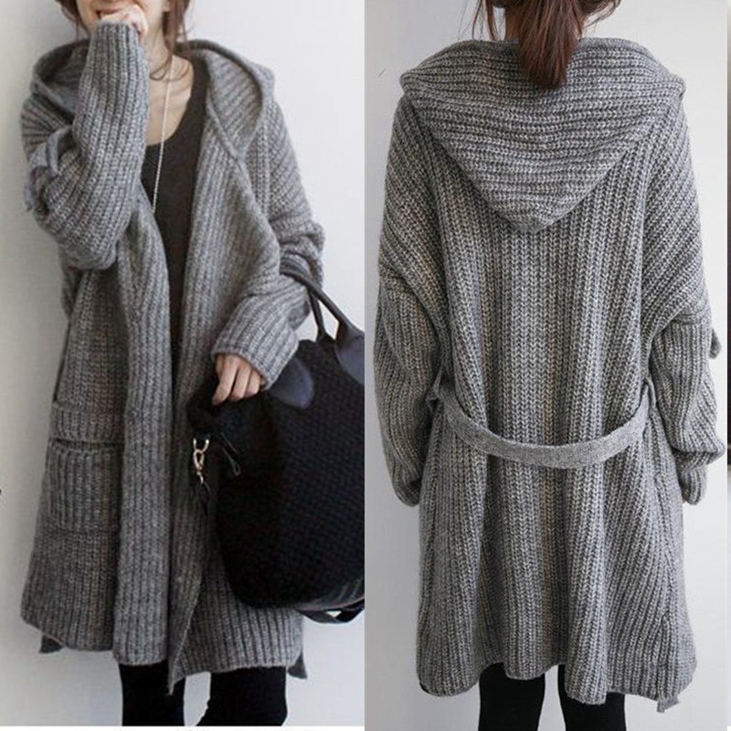 Damen-Cardigan mit Kapuze und Gürtel, locker, mittellang, grob gestrickt_voghion.com
