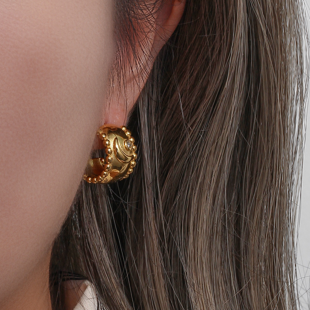 Fashion Geometric Retro 18K Gold Moon Zircon Thick Stainless Steel Earrings