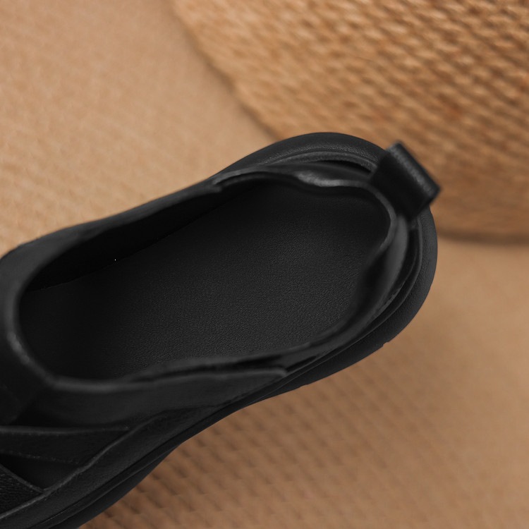 Sandal nữ đế dày da cừu phối quai ngang phong cách học đường — màu đen, màu trắng ngà chi tiết 85