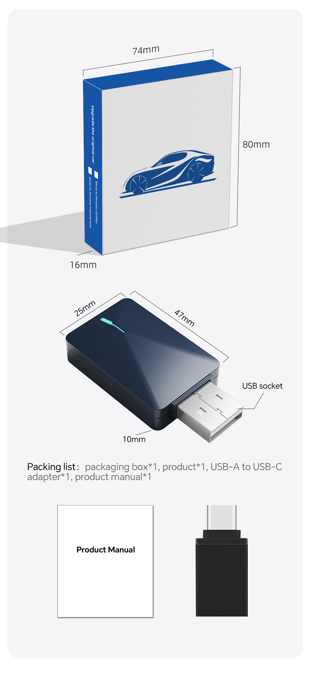 Wired to Wireless Apple Carplay Box Mini Plug-In Android Adapter Bluetooth Automatic Connection