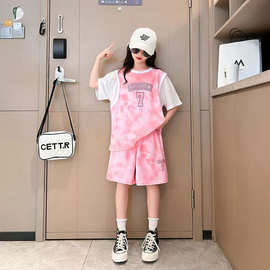 女童球服套装2024新款夏季大童假两件短袖运动服女孩休闲两件套