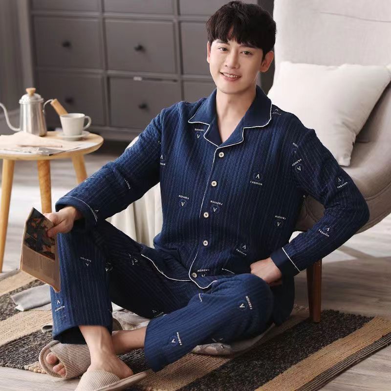 Otoño y invierno engrosado vestido exterior pijama de hombre invierno de hombre tamaño grande delgado intercalado de aire de algodón ropa para el hogar