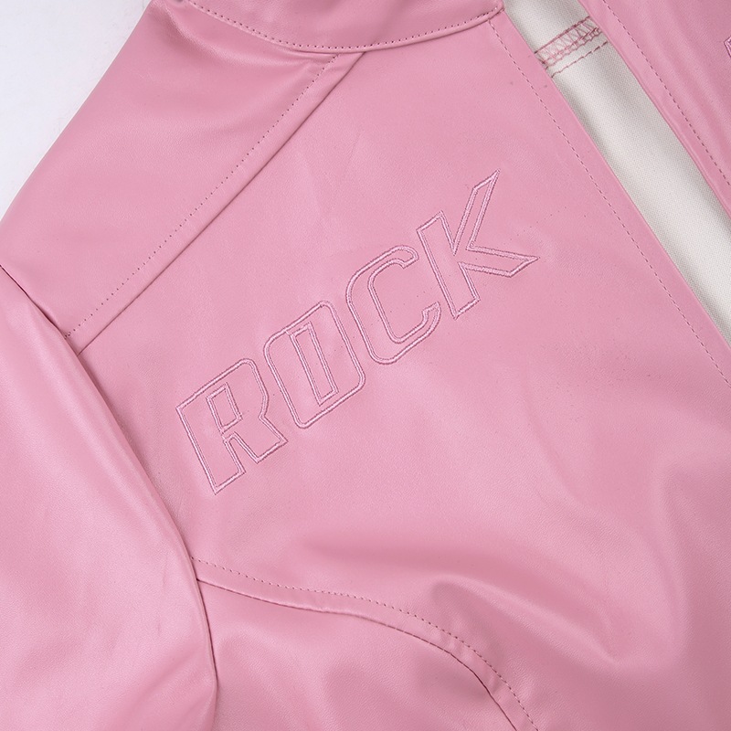 product - wholesale Locomotive Pink Letters Embroidered Faux Leather Jacket Cool Handsome Ultra Short Cuff Zipper Jacket - 12