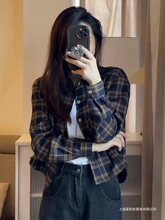 法式复古格子衬衫外套女早秋2025新款短款防晒衬衣设计感小众上衣