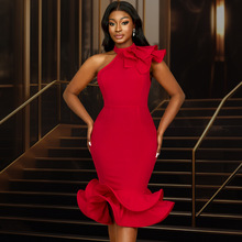 跨境欧美优雅半高领荷叶边连衣裙 露肩荷叶下摆宴会晚礼服Dresses