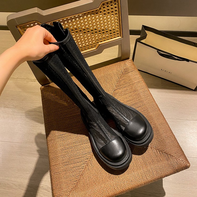 Boot lưới nữ da bò cổ cao thoáng khí mùa hè, đế dày, ống rộng cho chân to — Màu nâu ống lớn, Màu đen cổ ống lớn, Ống nhỏ màu đen, Chu vi ống lớn màu trắng be chi tiết 10