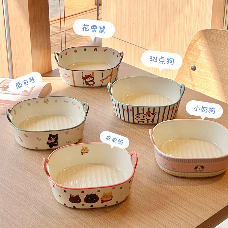Healing Cute Pet Cute Double-Eared Baking Pan High-Value Ceramic Plate Baking Baked Rice Bowl Home Breakfast Plate