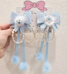 毛球可愛兒童對夾 亮片蝴蝶結假髮辮子 艾莎公主寶寶邊夾兒童髮飾