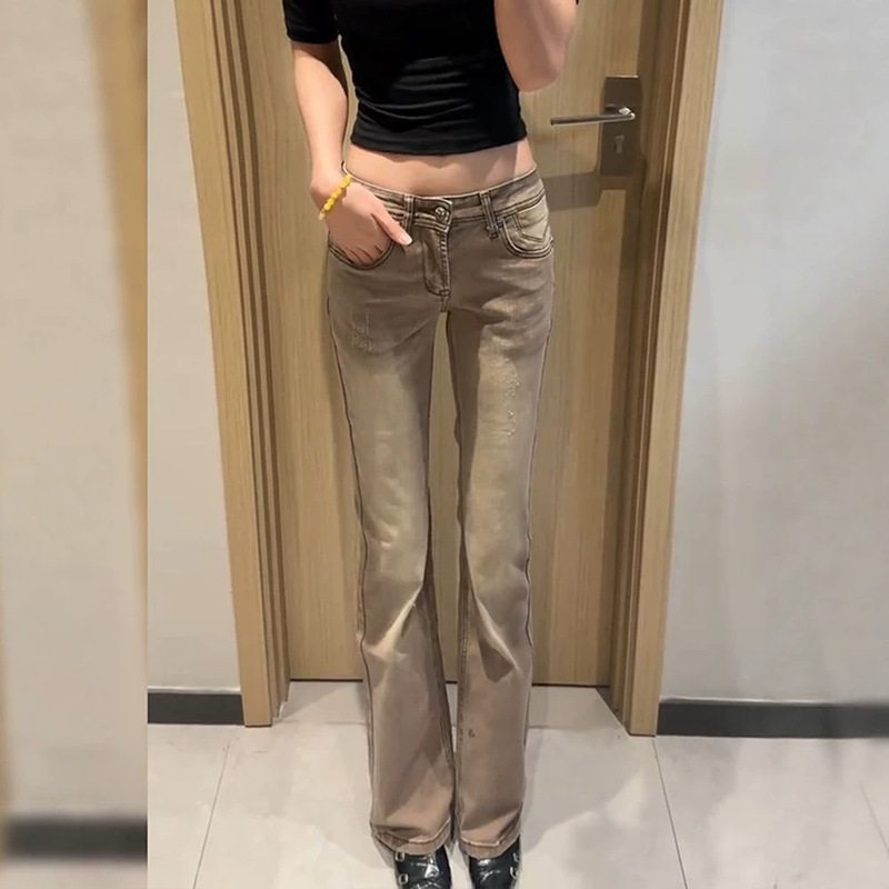 American retro washed brown low-rise jeans for women, new summer style, distressed slim-fit floor-length pants American retro washed brown low-rise jeans for women, new summer style, distressed slim-fit floor-length pants