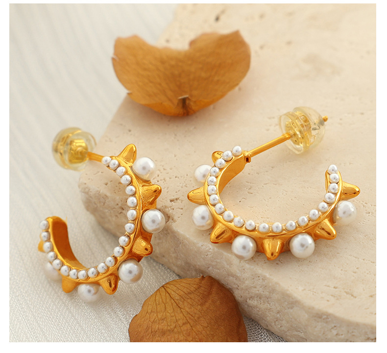 18K Real Gold Plated Plating Material PVD Coated Real Gold Plated C Shape Imitation Pearl Titanium Steel Simple Style Waterproof Non Tarnish Earrings