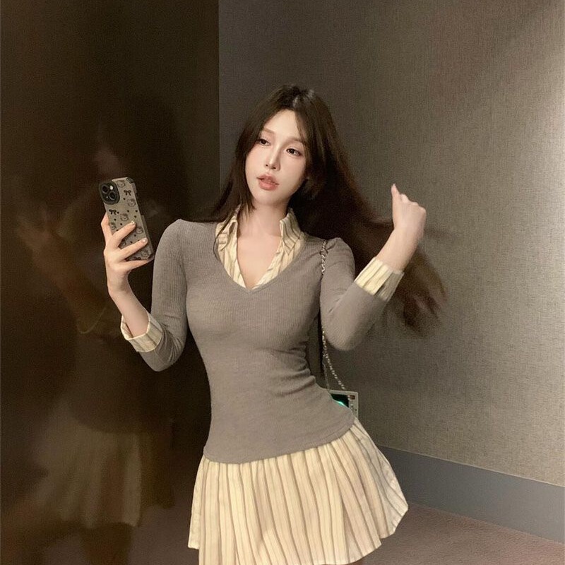 2026 Stylish V-Neck Patchwork Striped Shirt Dress, New Winter Style, Waist-Cinching, Slimming, Elegant A-Line