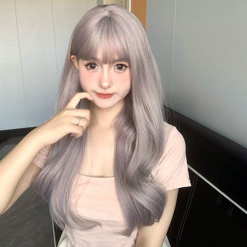 Cheng Ming Wig Female Gray Purple Water Ripple Internet Celebrity Simulation Big Wave Long Curly Hair  Summer Fashion Full Head Cover