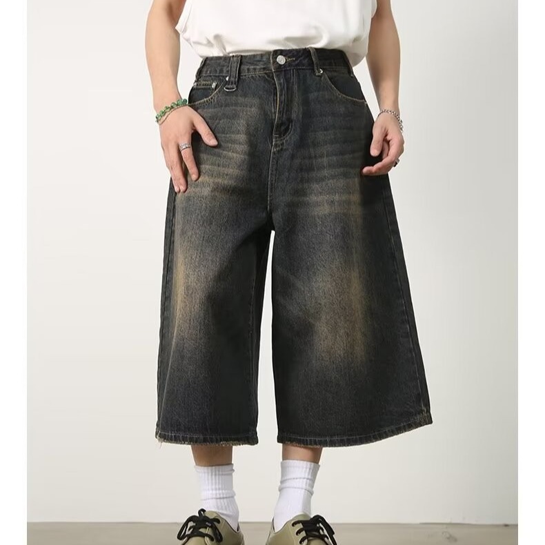 Summer Niche All-match American Style Retro Old Blue Denim Shorts Men's Loose Straight Wide Leg Cropped Pants Draped