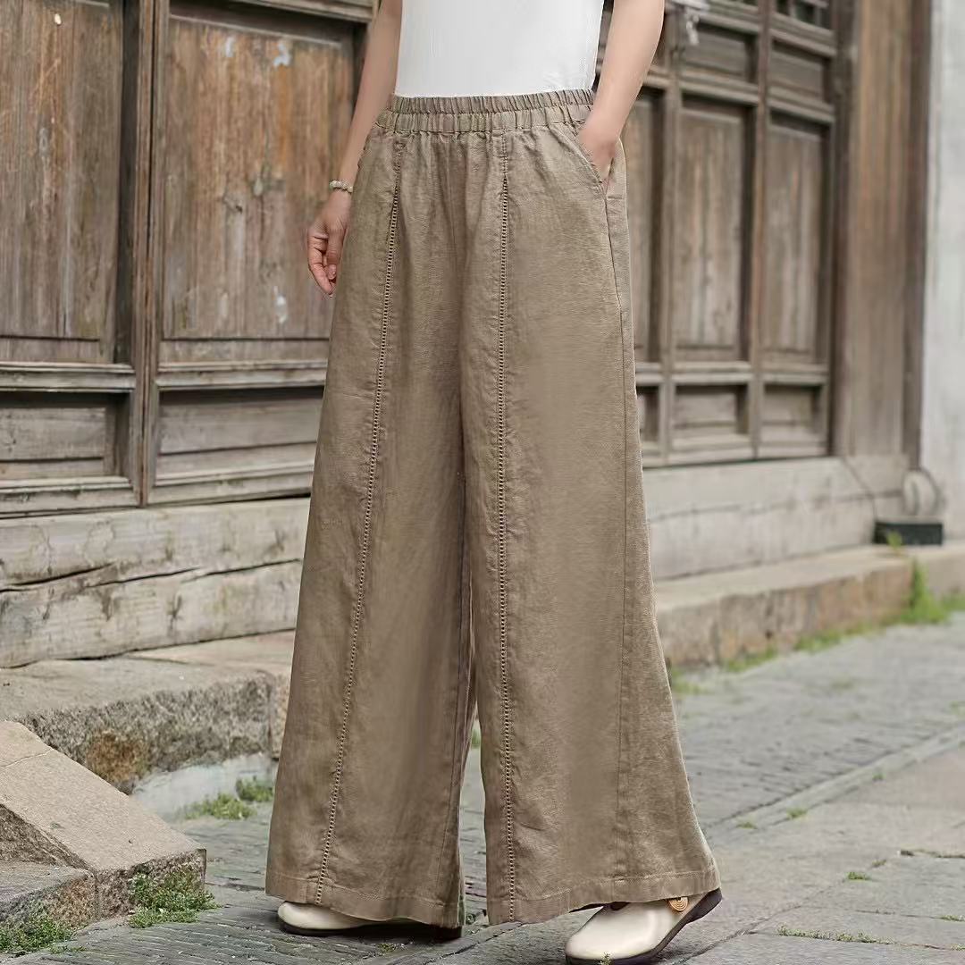 25年夏款休闲裤女民族风亚麻直筒裤复古文艺休闲裤松紧腰麻裤薄款