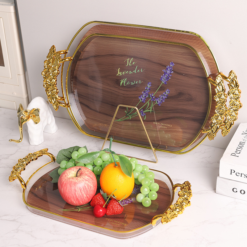 椭圆形烫金托盘双耳托盘高级感放茶杯电镀盘收纳盘果盘塑料盘