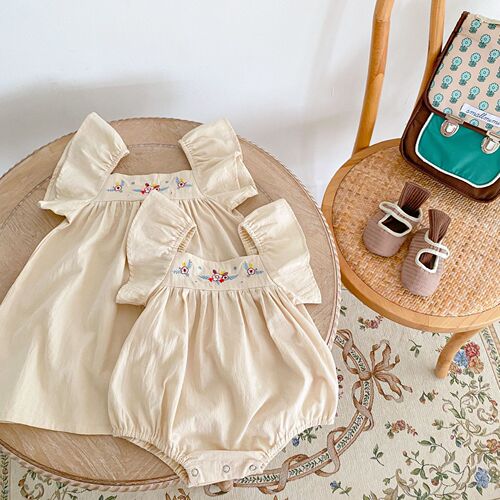 INS  Summer Infant and Toddler Girls Flower Embroidered Skirt + Cotton Big Flying Sleeve Harness Sisters Outfit