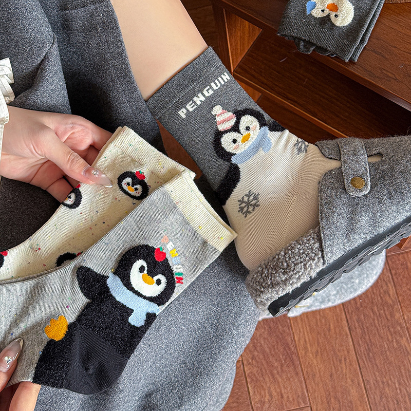 Cartoon Socks for Women, Peanut Penguin Cute Women's Socks, Ins White Korean Style Mid-Tube Cotton Socks, Trendy Autumn and Winter College Style Cartoon Socks for Women, Peanut Penguin Cute Women's Socks, Ins White Korean Style Mid-Tube Cotton Socks, Trendy Autumn and Winter College Style