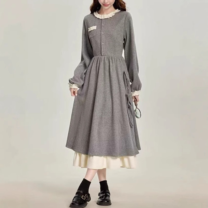 Three-inch Lotus Root Windsor Stroll French Retro dress Women's Gentle Style Sweet Slim-fit Long Dress