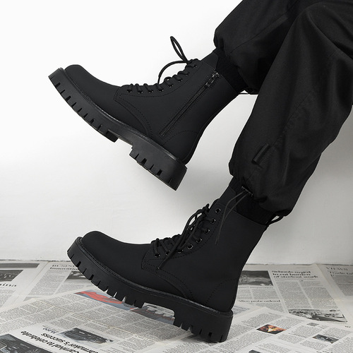Men's Martin Boots, British-style Black High-top Leather Shoes, New Mid-top Biker Boots, Men's Height-increasing Leather Boots