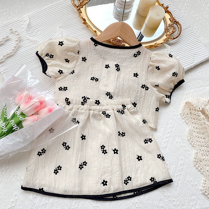 Mini-skirt set girls Korean style, Chanel-style, short sleeve, summer sizes 90–140