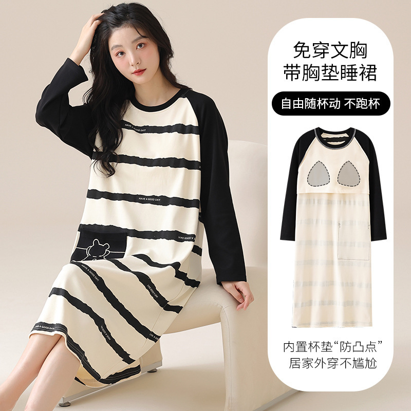 Women's Spring and Autumn Nightdress with Chest Pad One-piece Long Sleeve Pure Cotton New 5xl Plus Size Korean Style Comfortable One-piece Nightdress Women's Spring and Autumn Nightdress with Chest Pad One-piece Long Sleeve Pure Cotton New 5xl Plus Size Korean Style Comfortable One-piece Nightdress