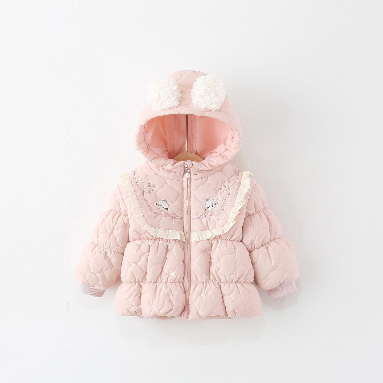 2025年冬季新款猫咪绣花绗棉小棉衣 女童加绒加厚花边绣猫咪棉衣