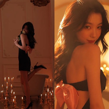 易梦玲吴宣仪同款蝴蝶结挂脖连衣裙设计感小众露背抹胸年会礼服裙