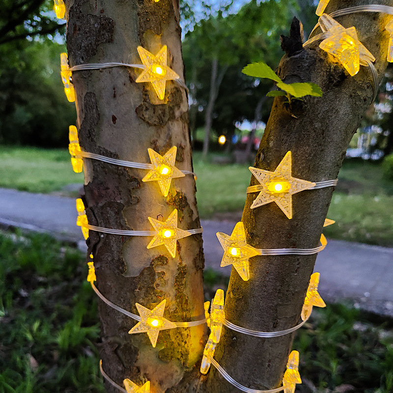 Luz de línea de cuero de estrella impermeable luz de color decoración de jardín Luz de árbol Cielo estrellado estrella de cinco puntas Navidad LED Cadena de luz solar