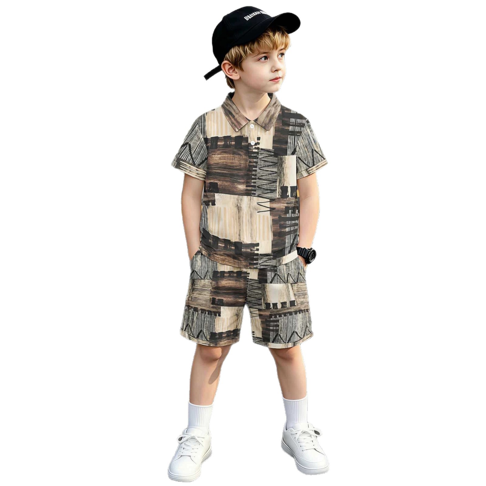 Camisa polo com estampa 3D, estilo europeu-americano, conjunto infantil de camiseta polo e shorts, conjunto popular de duas peças._voghion.com