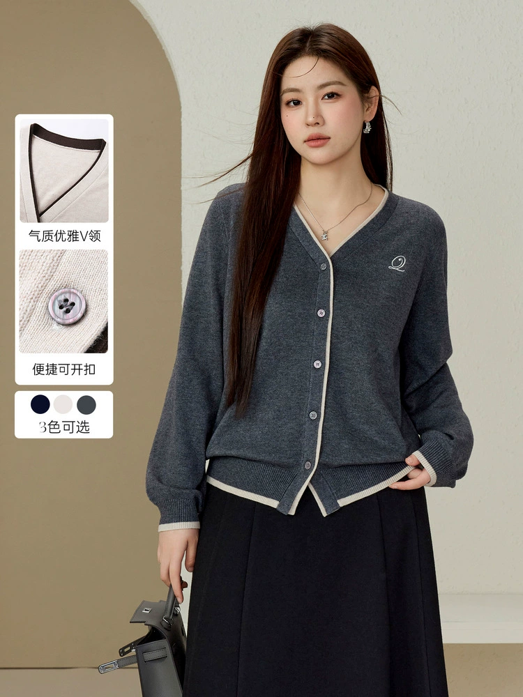 纤莉秀 Cardigan, winter sweater, plus size, fitted, V-neckline