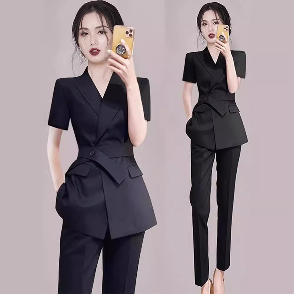 하이 엔드 여름 얇은 반팔 블랙 세트 세트 여성의 우아한 전문 통근 원피스 투피스 세트