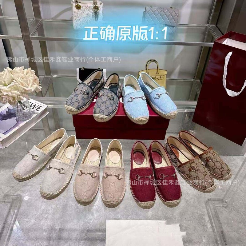 G brand women's fisherman shoes with horsebit buckle, 2026 spring/summer new model, embroidered letters, hemp rope, straw-woven, low-cut casual loafers G brand women's fisherman shoes with horsebit buckle, 2026 spring/summer new model, embroidered letters, hemp rope, straw-woven, low-cut casual loafers