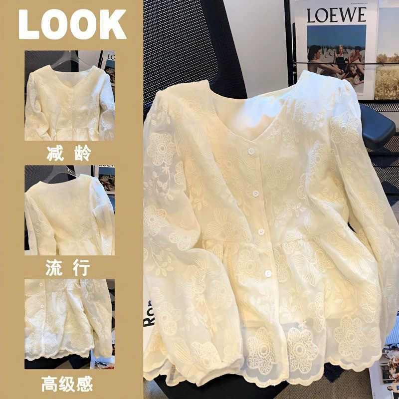 Женский топ из кружевного жаккарда, весенняя новинка, милая, молодежная рубашка с пышными рукавами, модная, шикарная, в западном стиле, красивая рубашка