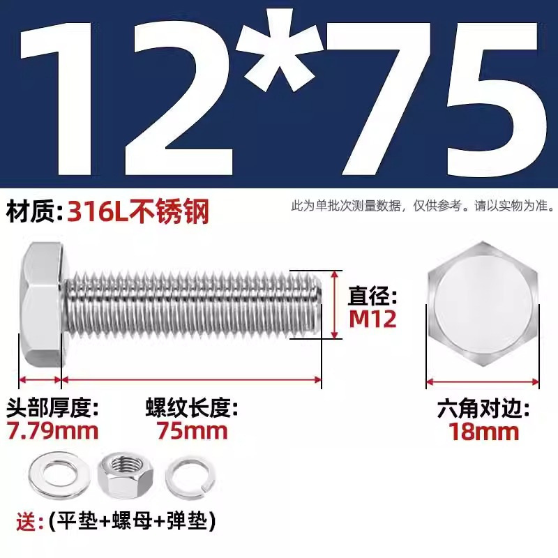 316L acero inoxidable perno hexagonal macho conjunto de tuerca de tornillo conjunto de cojín elástico plano completo M6M8M10M12-M20 image 139