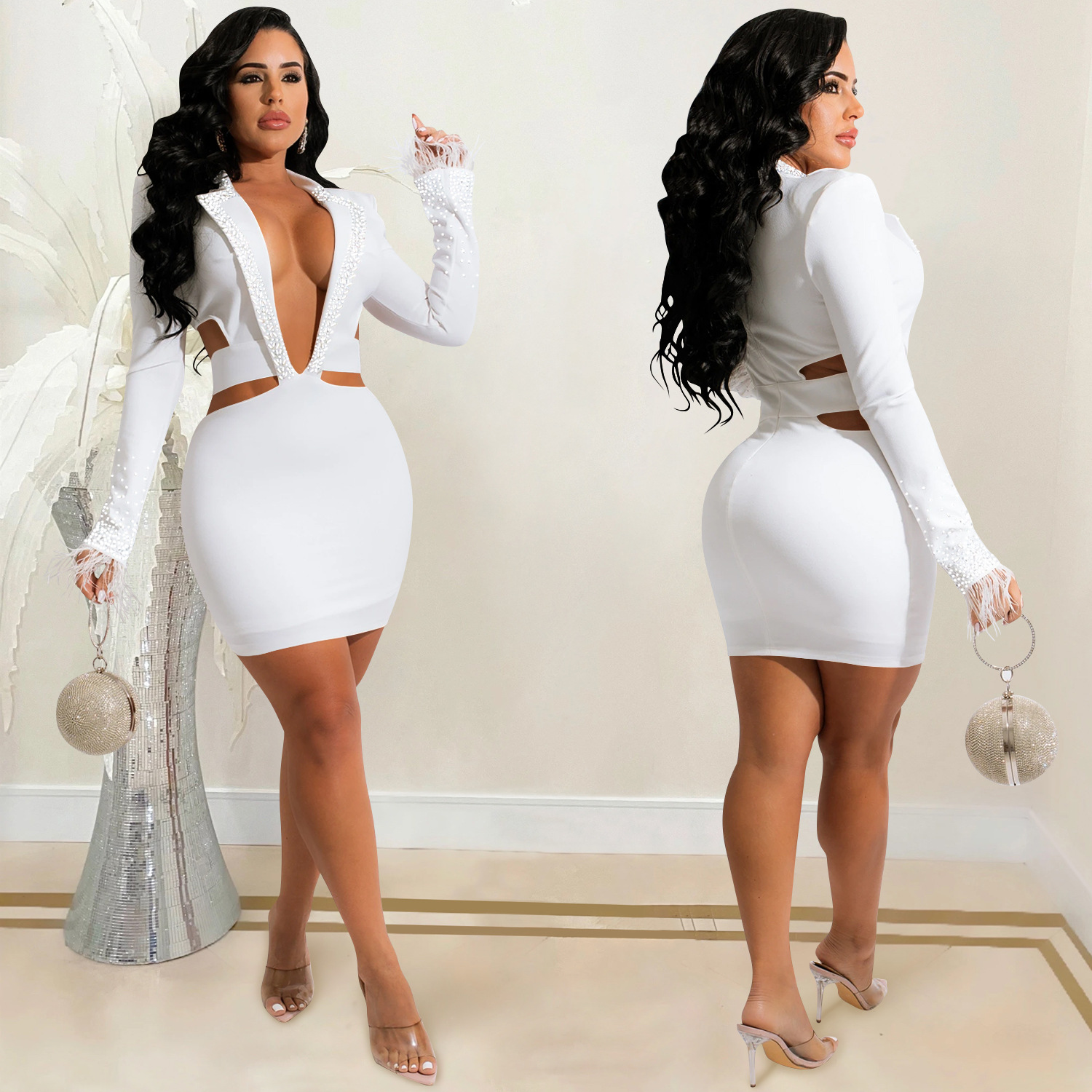 X5510 AliExpress deseo moda europea y americana sexy discoteca caliente diamante solapa hueco manga larga falda vestido image 5