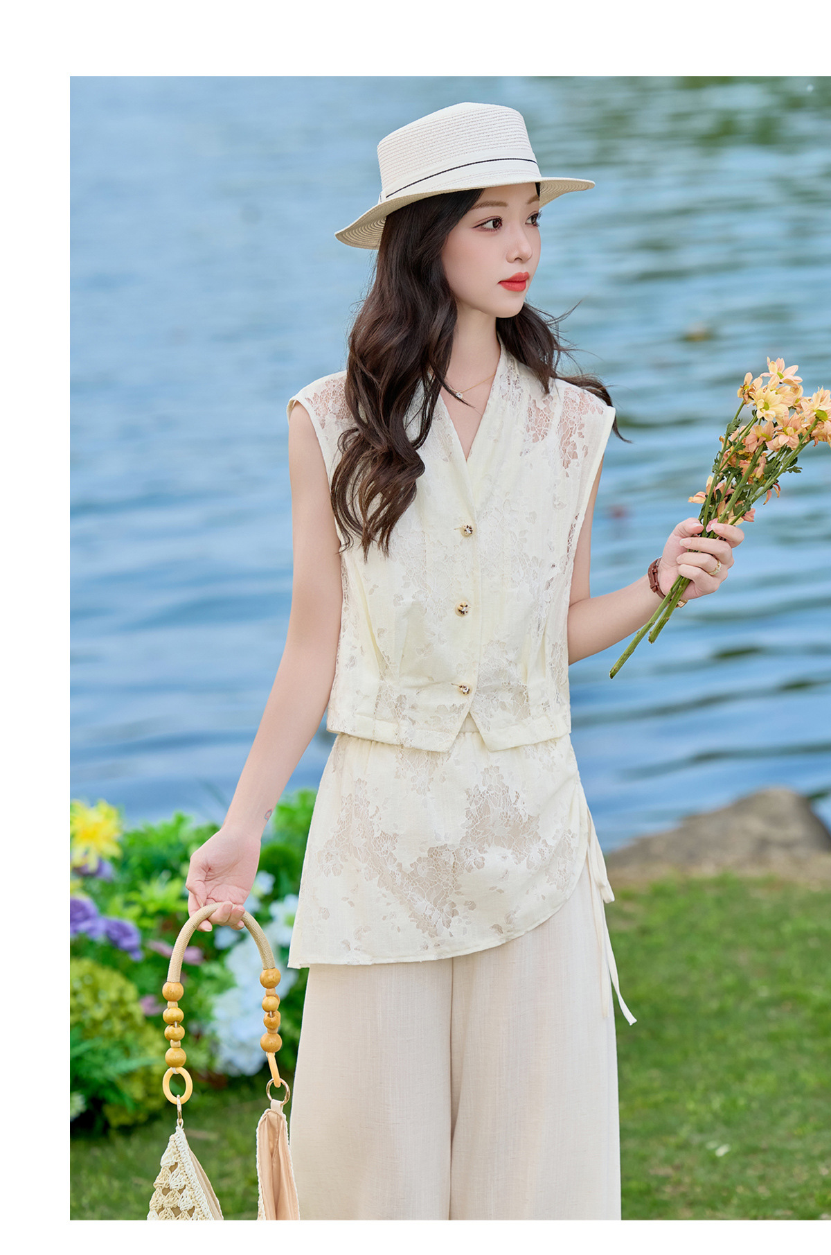 Bộ vest nữ không tay kết hợp quần ống rộng phối ren YQ9913 — màu đen, màu trắng ngà chi tiết 19