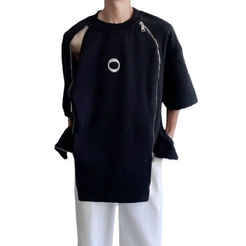 Old School West Coast Zipper Heavyweight Collarless Short Sleeve Men's Summer Streetwear T-Shirt with a Cool and Tough Style