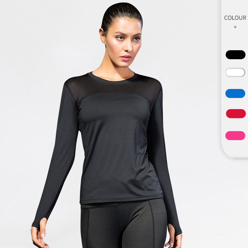 Women Tight-Fitting Pro Fitness Running Yoga Sports T-Shirt Wicking And Quick-Drying Mesh Stitching Stretch Long Sleeves