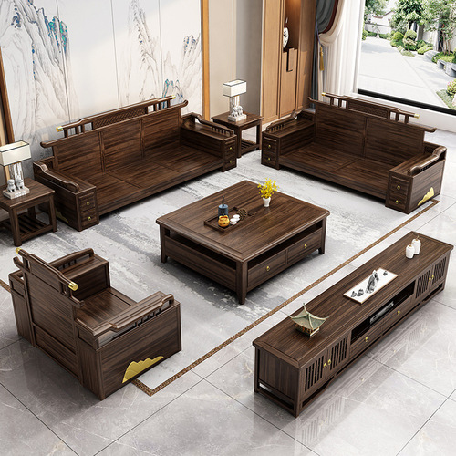 New Chinese style ebony solid wood sofa combination, large and small apartment villa furniture, modern Chinese style whole house set combination