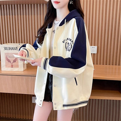小个子棒球服连帽外套女春秋季韩版宽松大码薄款百搭撞色开衫卫衣